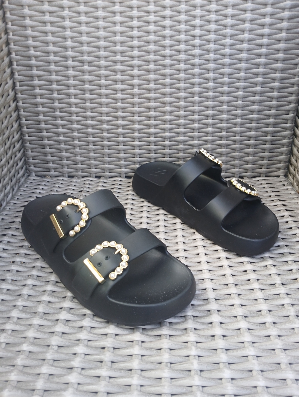 NEW Stuart Weitzman  Double-Strap Slide Sandals with Gold & Pearl Buckles
